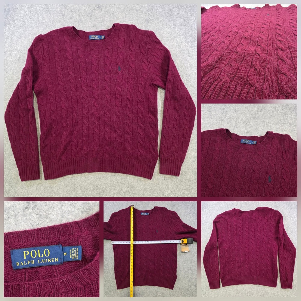 Polo Ralph Lauren Sweater Mens Medium Red Wool Cashmere Cable Knit Crewneck